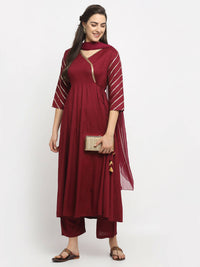 Thumbnail for Rudra Bazaar Wine Angrakha Style Flared Anarkali Kurta with Pyjamas & Dupatta - Distacart