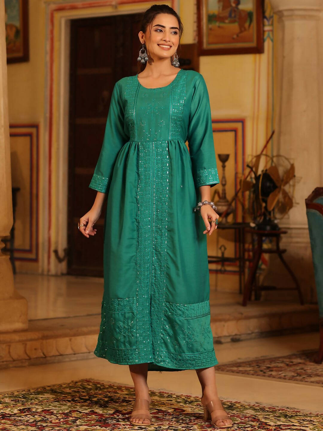 Juniper Women's Teal Festive Embroiderd Flared Dress - Distacart
