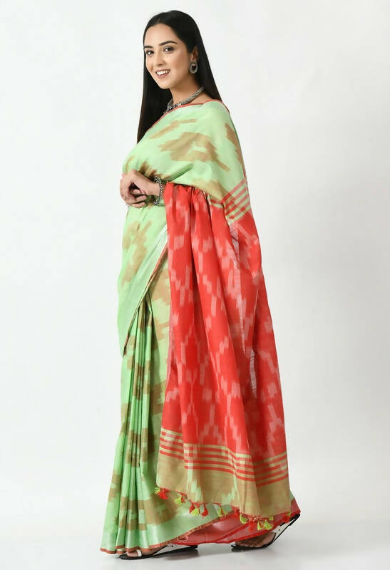 Mominos Fashion Moeza Light Green & Red Bhagalpuri Handloom Ikat Pure Cotton Saree with unstitched Blouse piece - Distacart