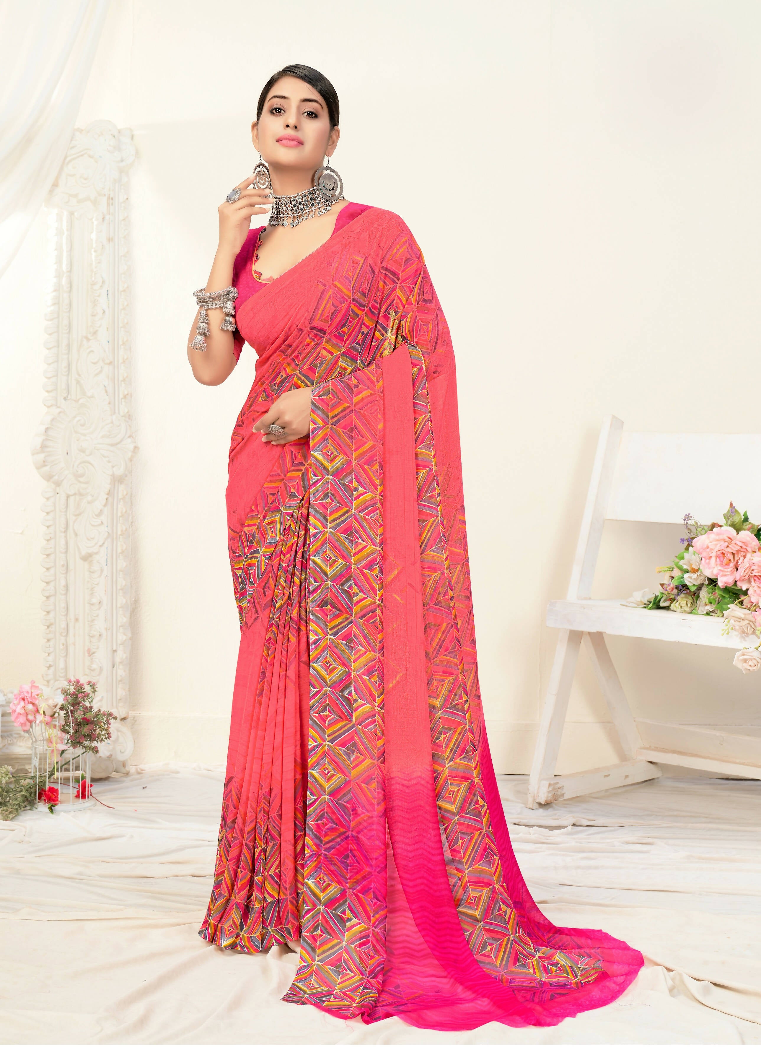 Peach Georgette Geometric Printed Saree With Unstitched Blouse Piece - Jyoti - Distacart