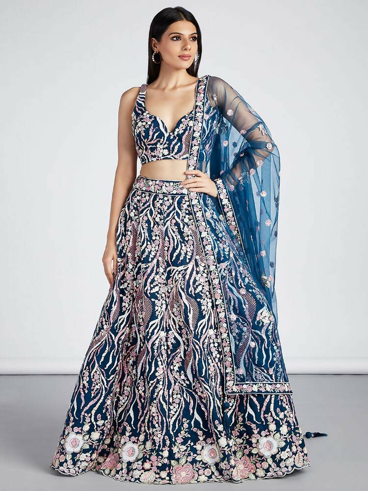 House of Panchhi Navy Blue Net Sequins And Thread Embroidery Lehenga Choli & Dupatta - Distacart