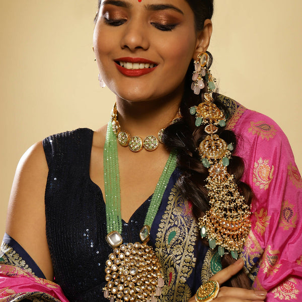 Gold-Plated White Blue Kundan-Studded Pearl Beaded Matha Patti - Ruby Raang - Distacart