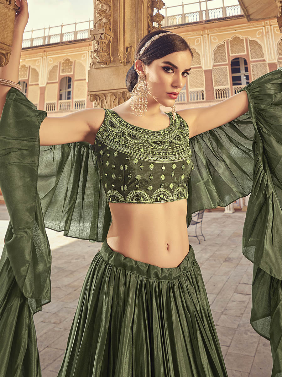 Myra Olive Chinon & Art SIlk Embroidered Designer Lehenga Choli - Distacart