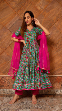 Thumbnail for Pomcha Jaipur Surangi Kalidar Cotton Anarkali Set - Distacart