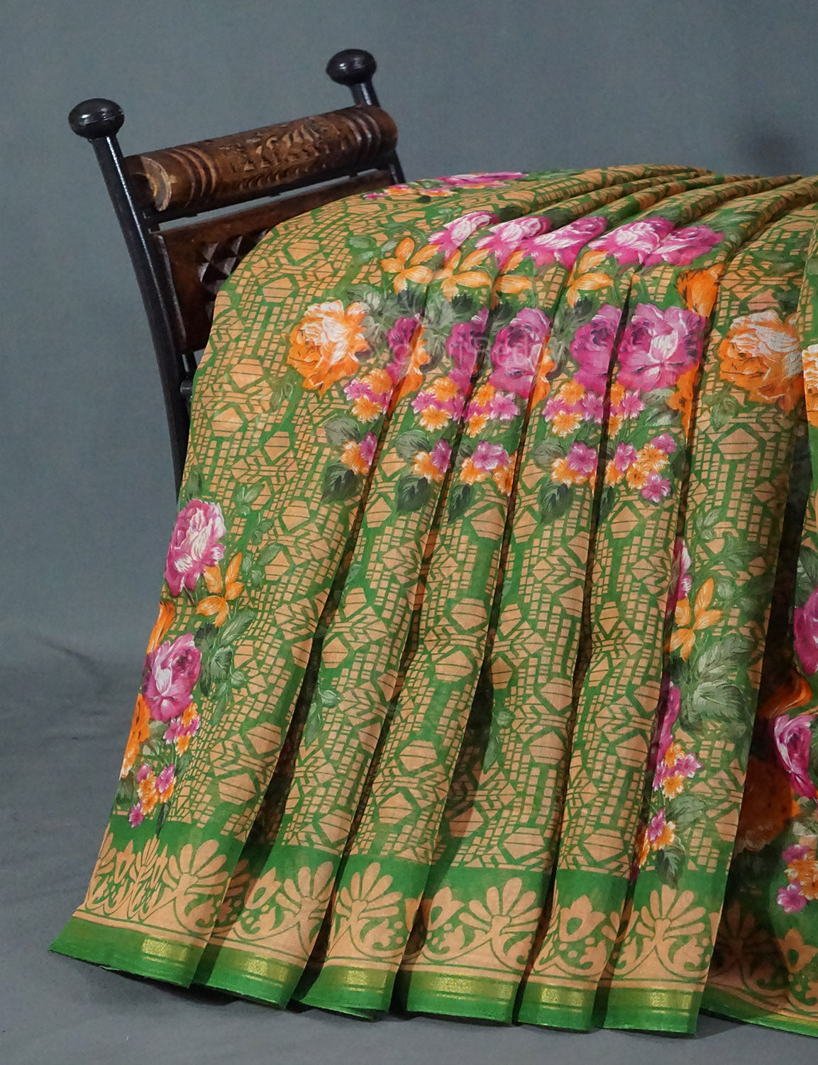 Shades of Parrot Green Colour Floral Design Semi Chanderi Saree By Gayathri Reddy Designer Studio - Distacart