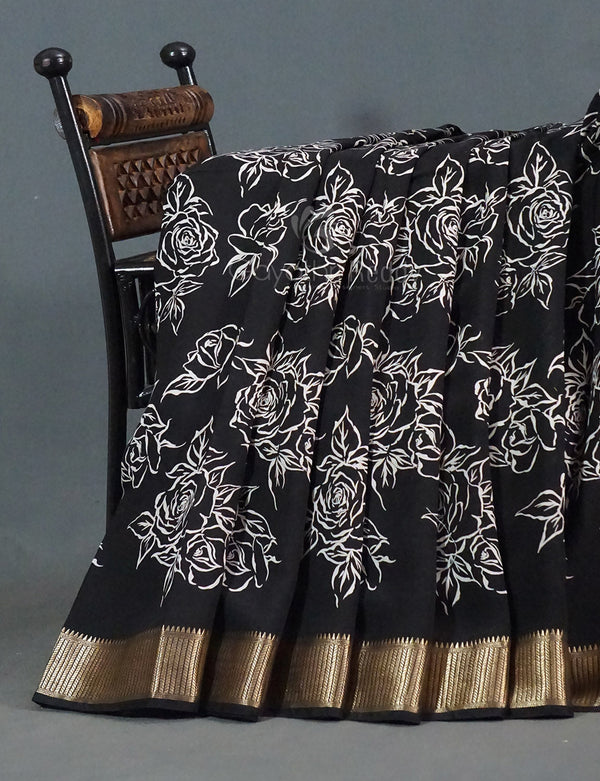 Shades of Black Floral Screen Dola Silk Saree By Gayathri Reddy Designer Studio - Distacart