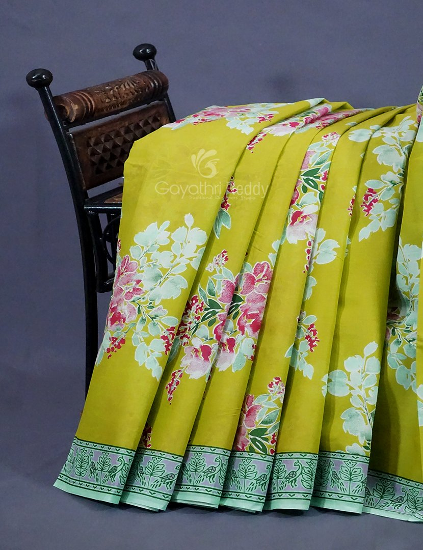 Lime Greencolour Block Print Pure Mulmul Cotton Saree By Gayathri Reddy Designer Studio - Distacart