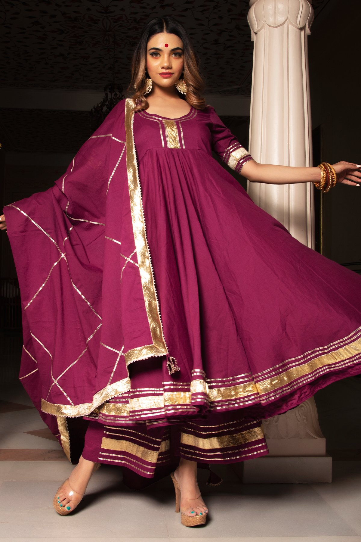 Pomcha Jaipur Burgundy Pure Cotton Anarkali Set - Distacart