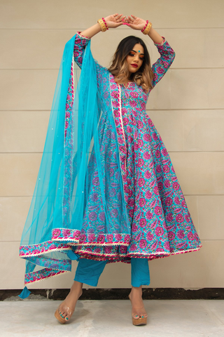 Pomcha Jaipur Chitra Hand Block Cotton Anarkali Set - Distacart