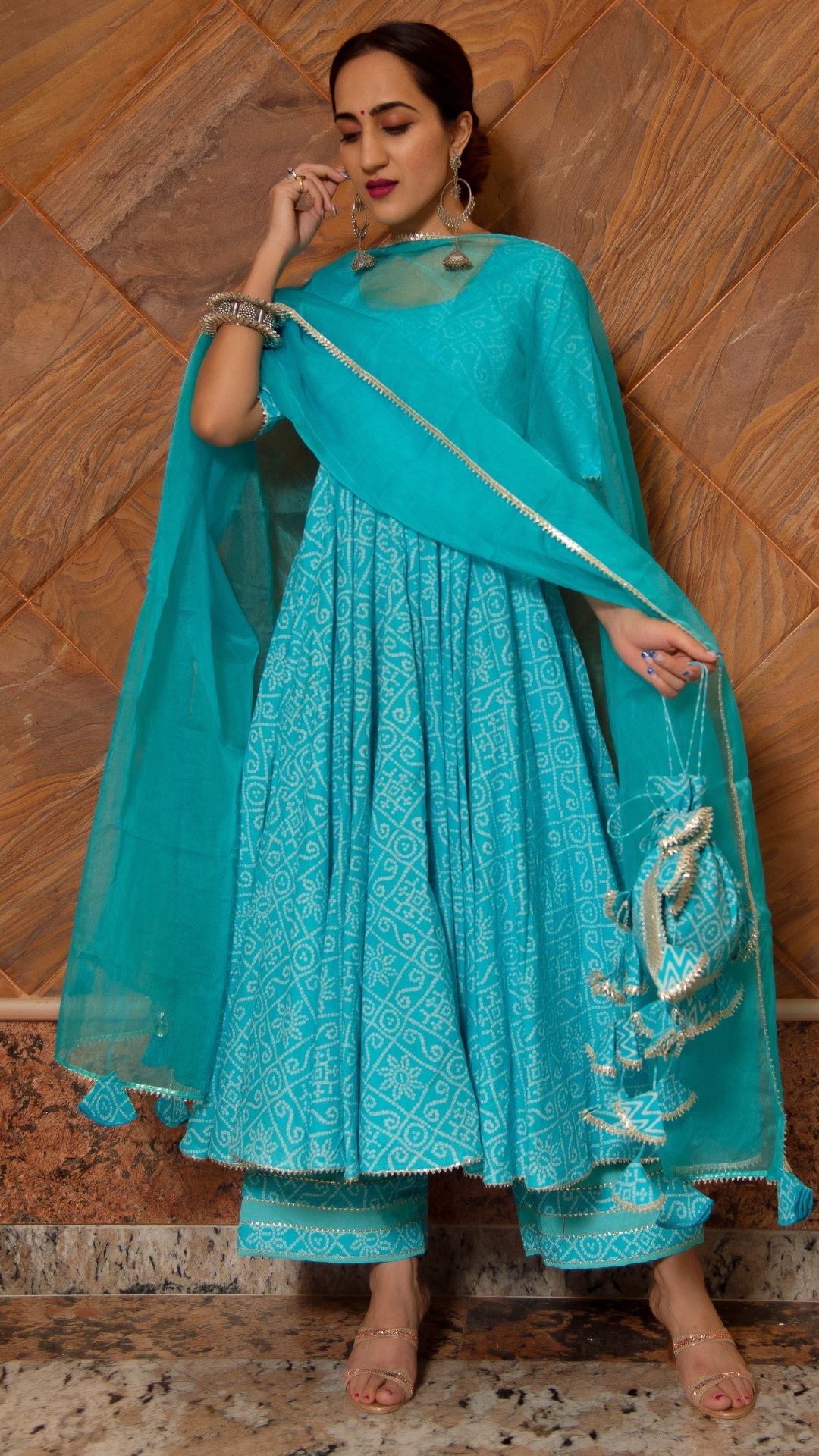 Pomcha Jaipur Bandhej Blue Cotton Anarkali Set - Distacart