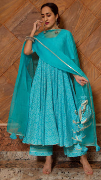 Thumbnail for Pomcha Jaipur Bandhej Blue Cotton Anarkali Set - Distacart
