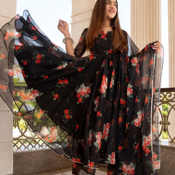 Pomcha Jaipur Red And Black Organza Anarkali Set - Distacart