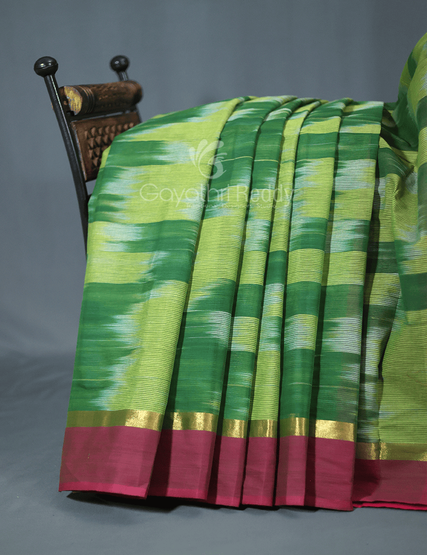 Dual Shades of Parrot Green And Mango Green Mangalagiri Ikkat Cotton Saree By Gayathri Reddy Designer Studio - Distacart