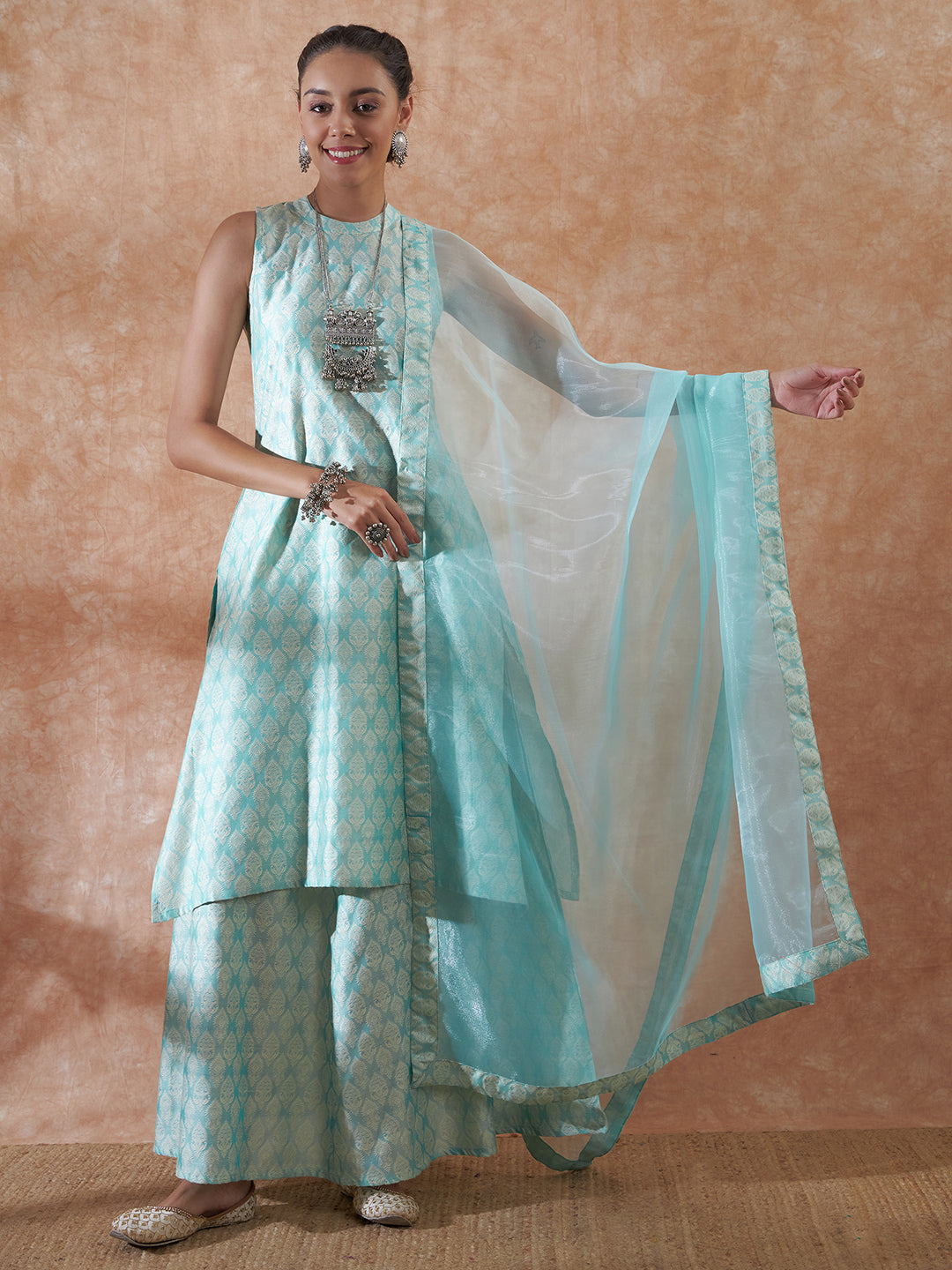 InWeave Women's Powder Blue Jacquard Halter Kurta Set W Powder Blue Or Dupatta - Distacart
