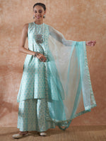 Thumbnail for InWeave Women's Powder Blue Jacquard Halter Kurta Set W Powder Blue Or Dupatta - Distacart