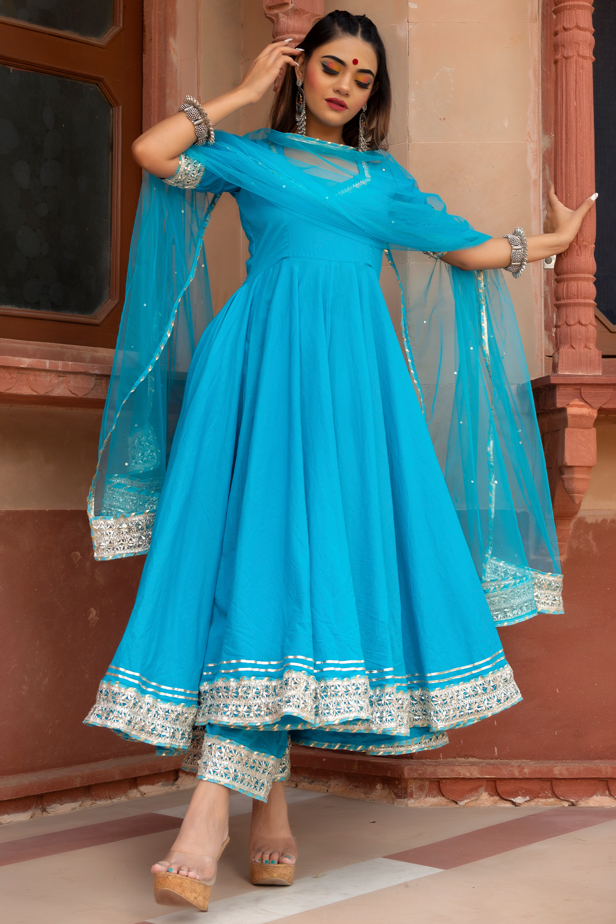 Pomcha Jaipur Kalamkari Blue Pure Cotton Anarkali Set - Distacart