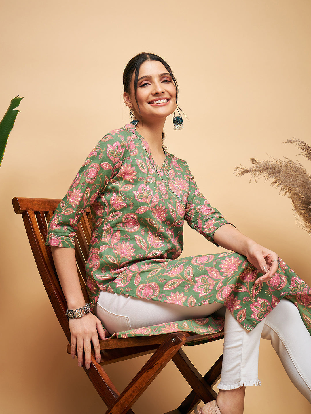 InWeave Women's Green Pink Floral Angrakha Straight Kurta - Distacart