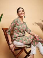 Thumbnail for InWeave Women's Green Pink Floral Angrakha Straight Kurta - Distacart