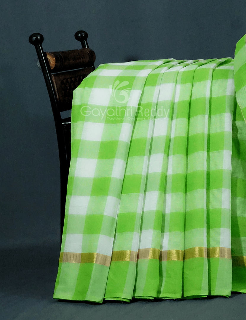 Cream And Neon Green With Checks Pure Mangalgiri Cotton Saree By Gayathri Reddy Designer Studio - Distacart