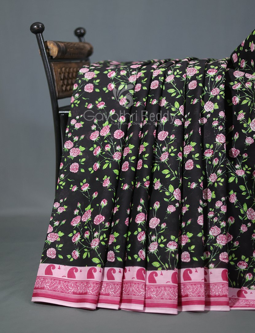 Block Print Black Coloured Mulmul Cotton Saree By Gayathri Reddy Designer Studio - Distacart
