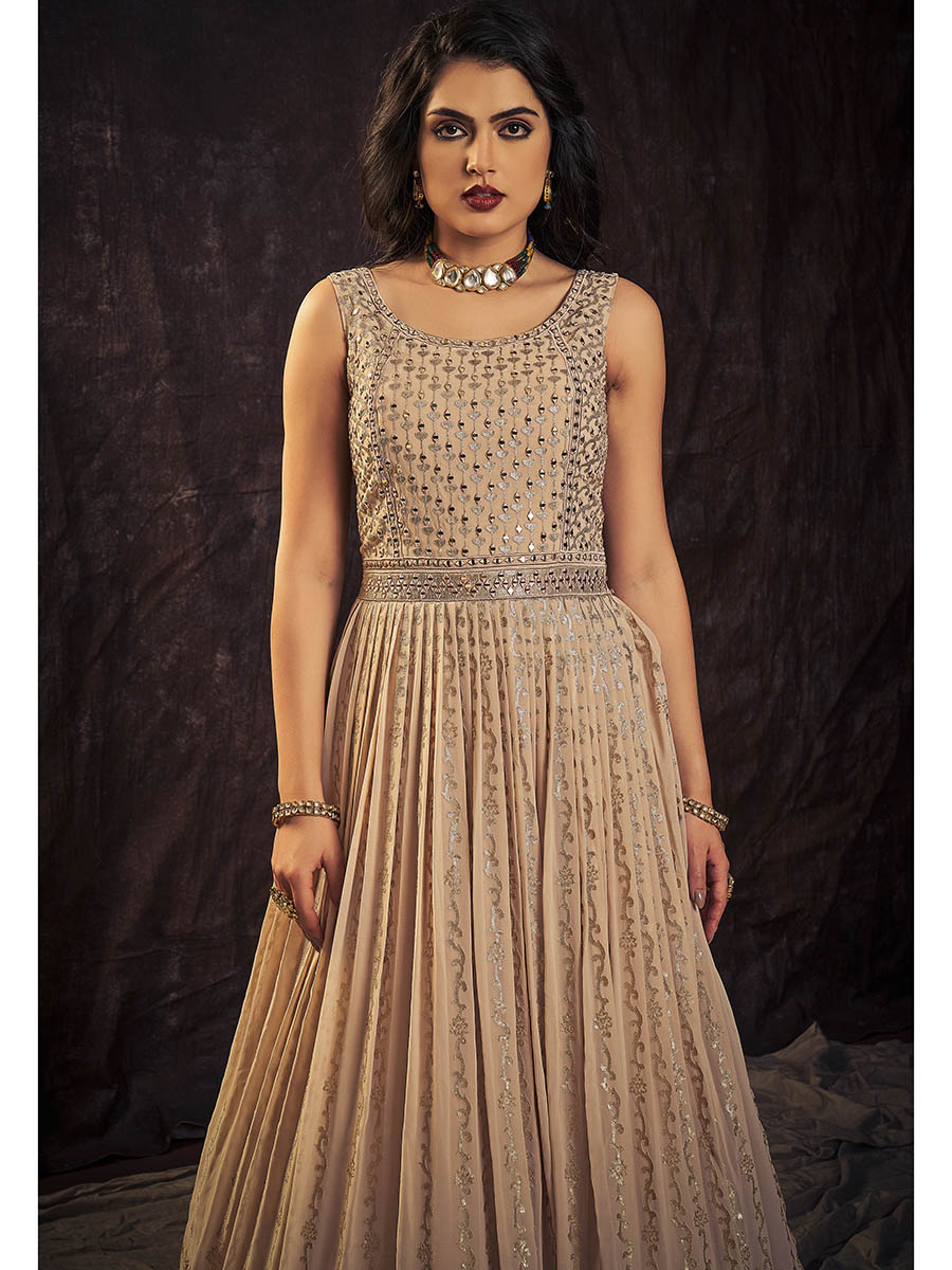 Myra Peach Real Georgette Designer Gown Style Suit - Distacart