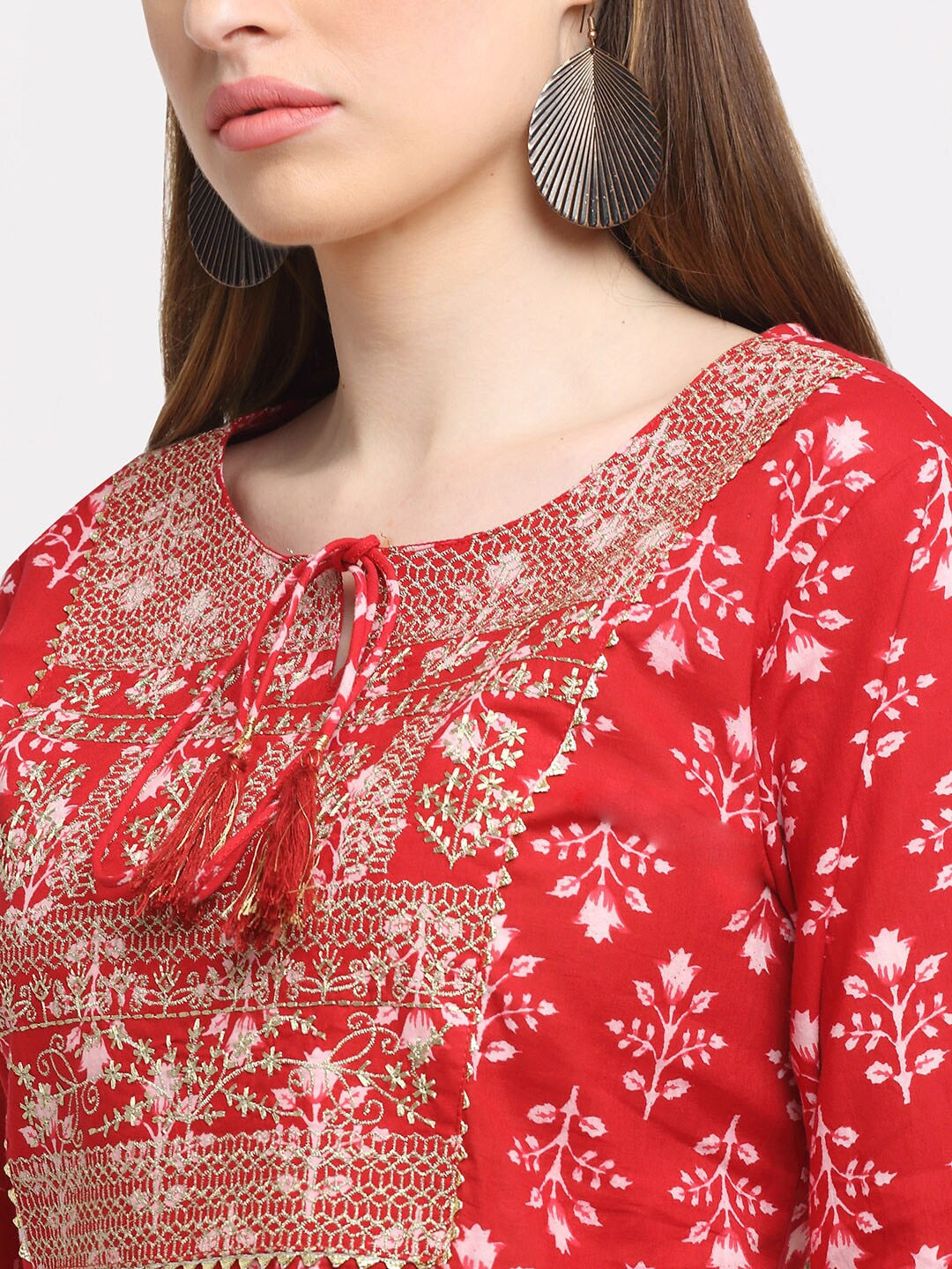 Kalini Women Red Floral Printed Pure Cotton Kurta with Trousers & With Dupatta - Distacart