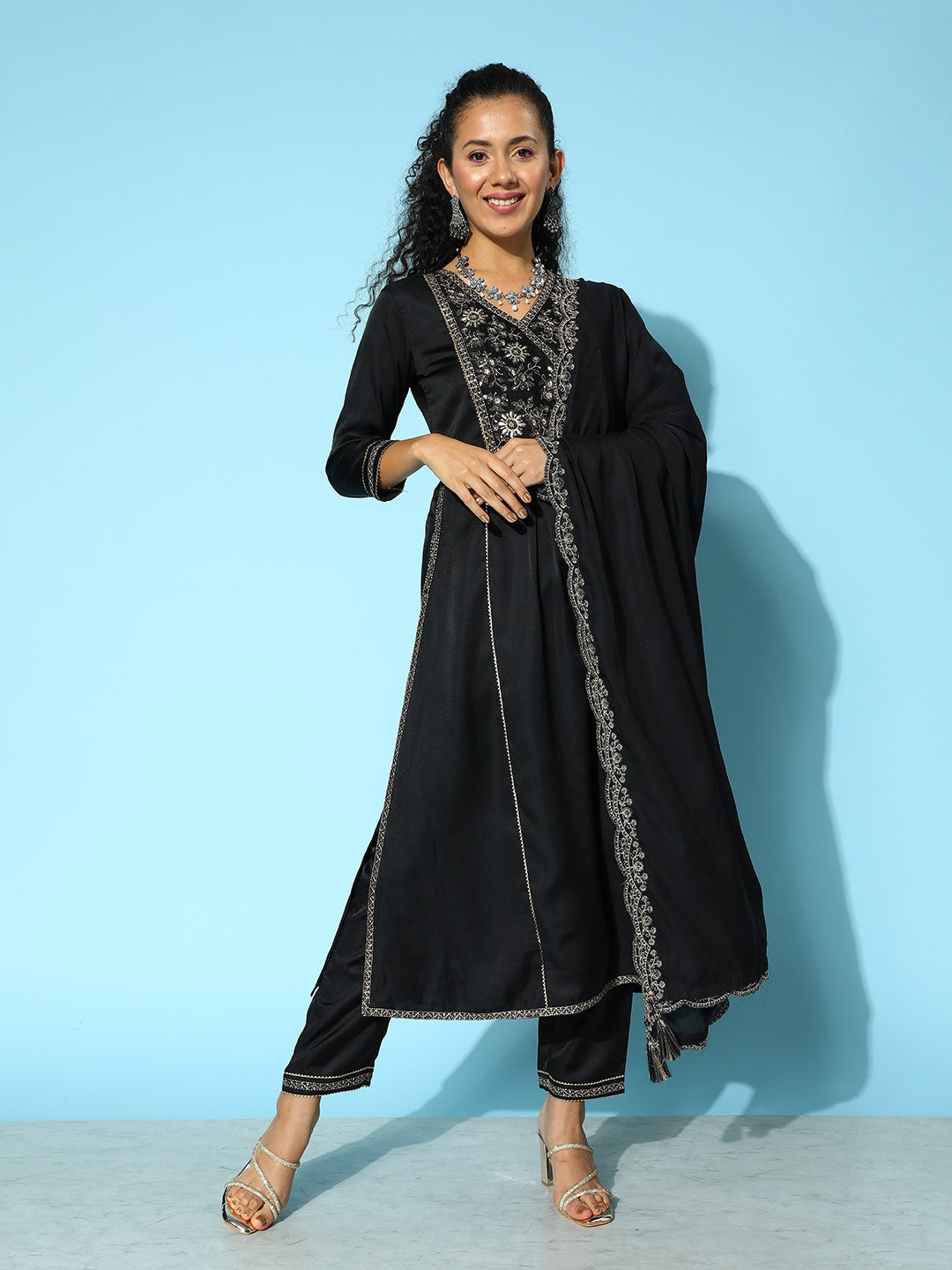 Sangria Floral Embroidered Angrakha Zari Kurta with Trousers & With Dupatta - Distacart