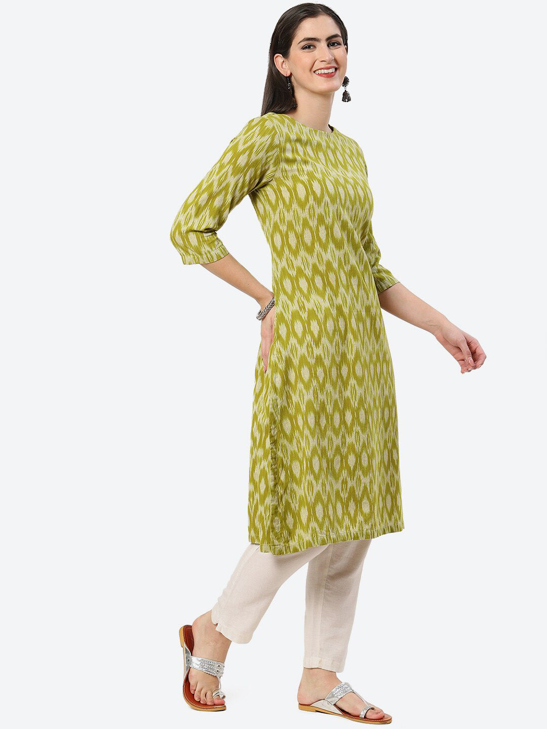 Biba Ethnic Motifs Woven Design Ikat Boat Neck Pure Cotton Kurta - Distacart