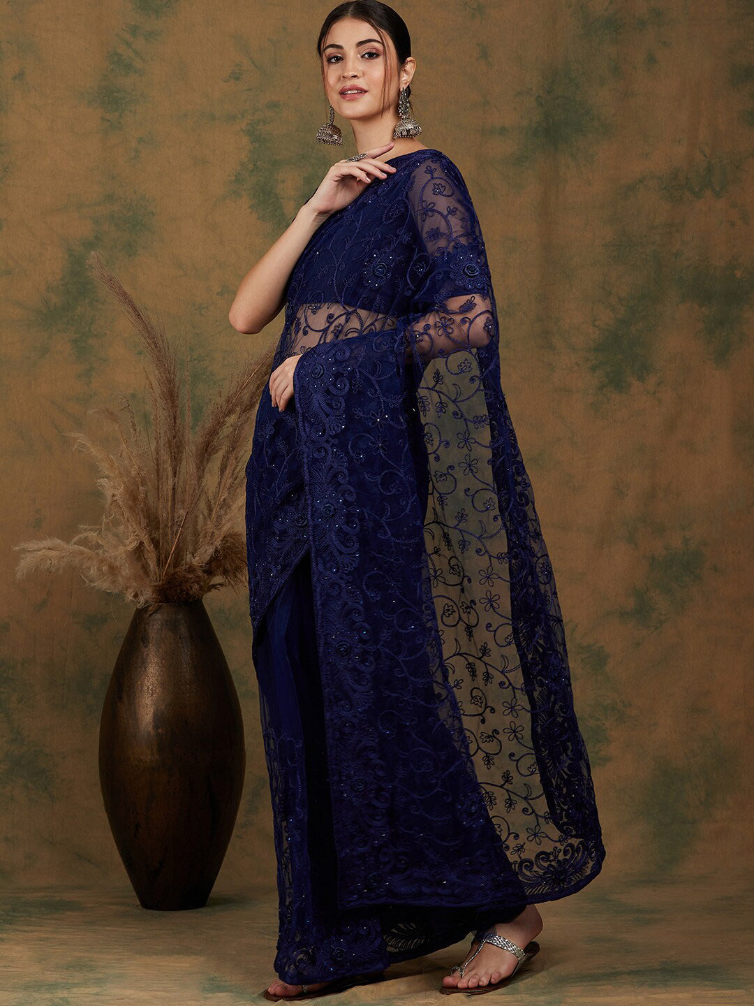 Sangria Navy Blue Floral Embroidered Net Saree - Distacart