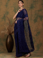Thumbnail for Sangria Navy Blue Floral Embroidered Net Saree - Distacart