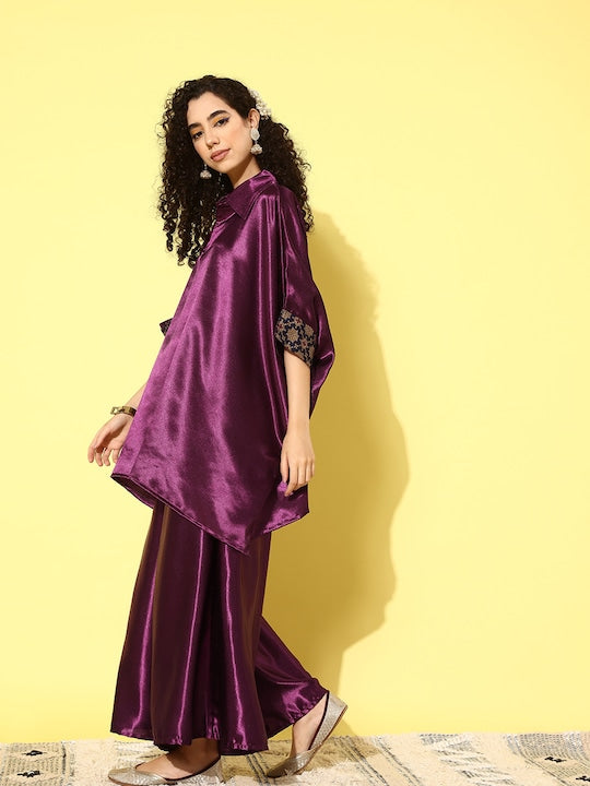 InWeave Women's Wine Navy Brocade Satin Boho Kurta Palazzo Set - Distacart