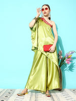Thumbnail for InWeave Women's Olive Red Brocade Satin Oneshoulder Kurta Set - Distacart