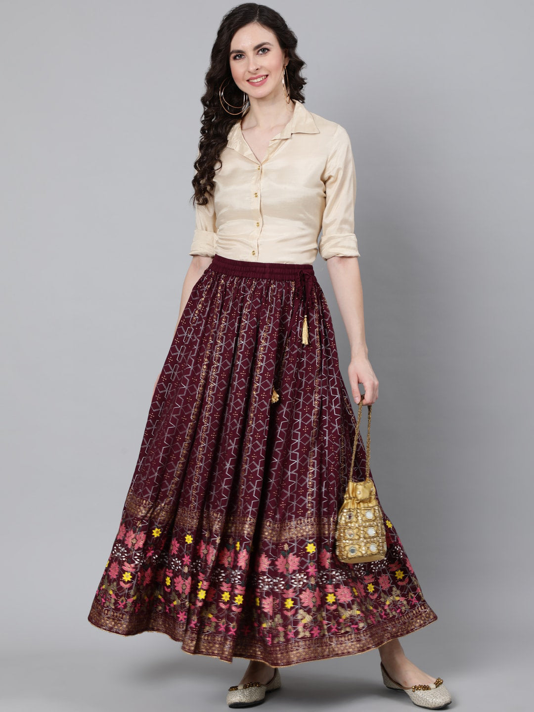 Jaipur Kurti Women Burgundy & Pink Printed Maxi Flared Maxi Skirt - Distacart