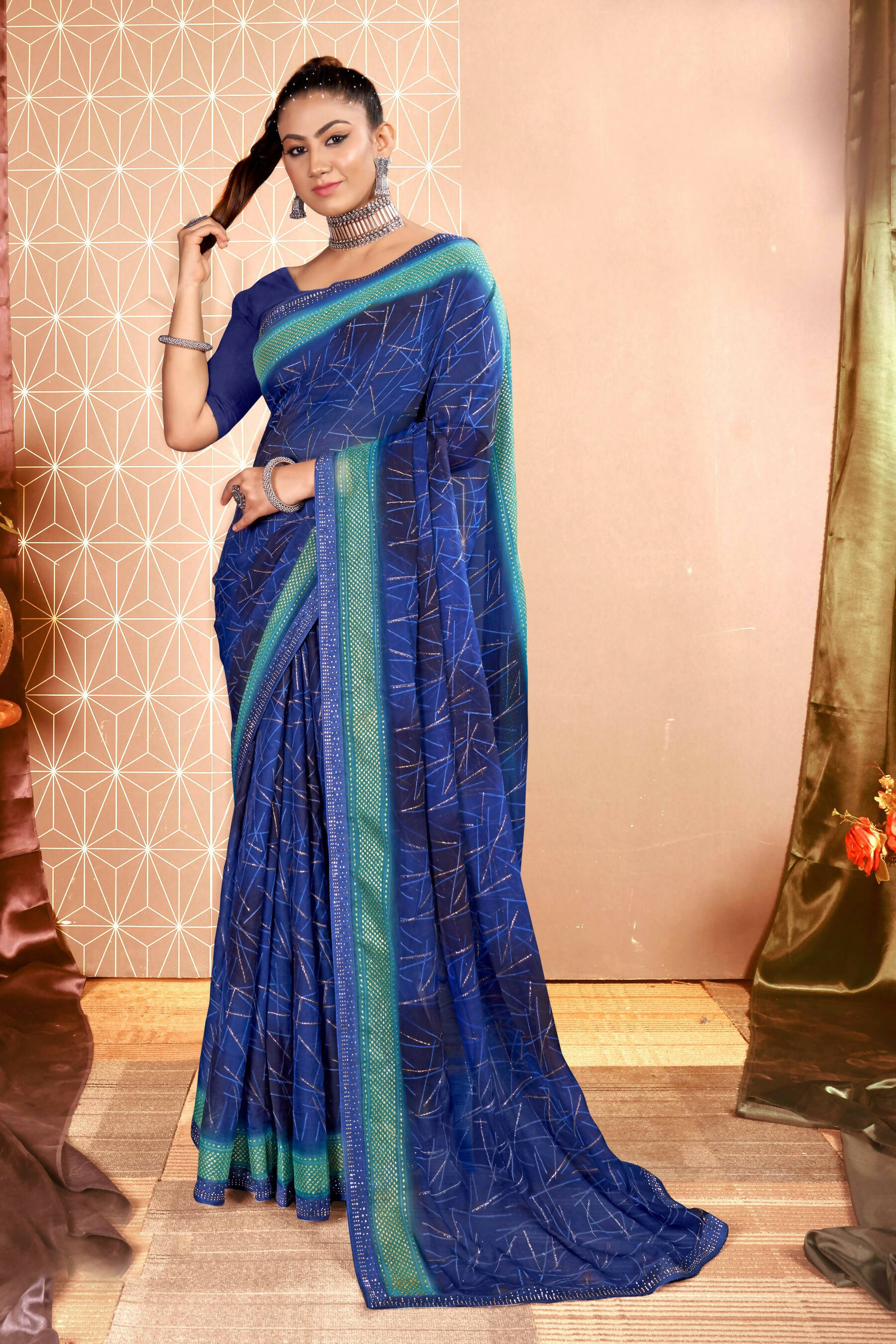 Navy Blue Chiffon Abstract Printed Saree With Unstitched Blouse Piece - Rajal - Distacart