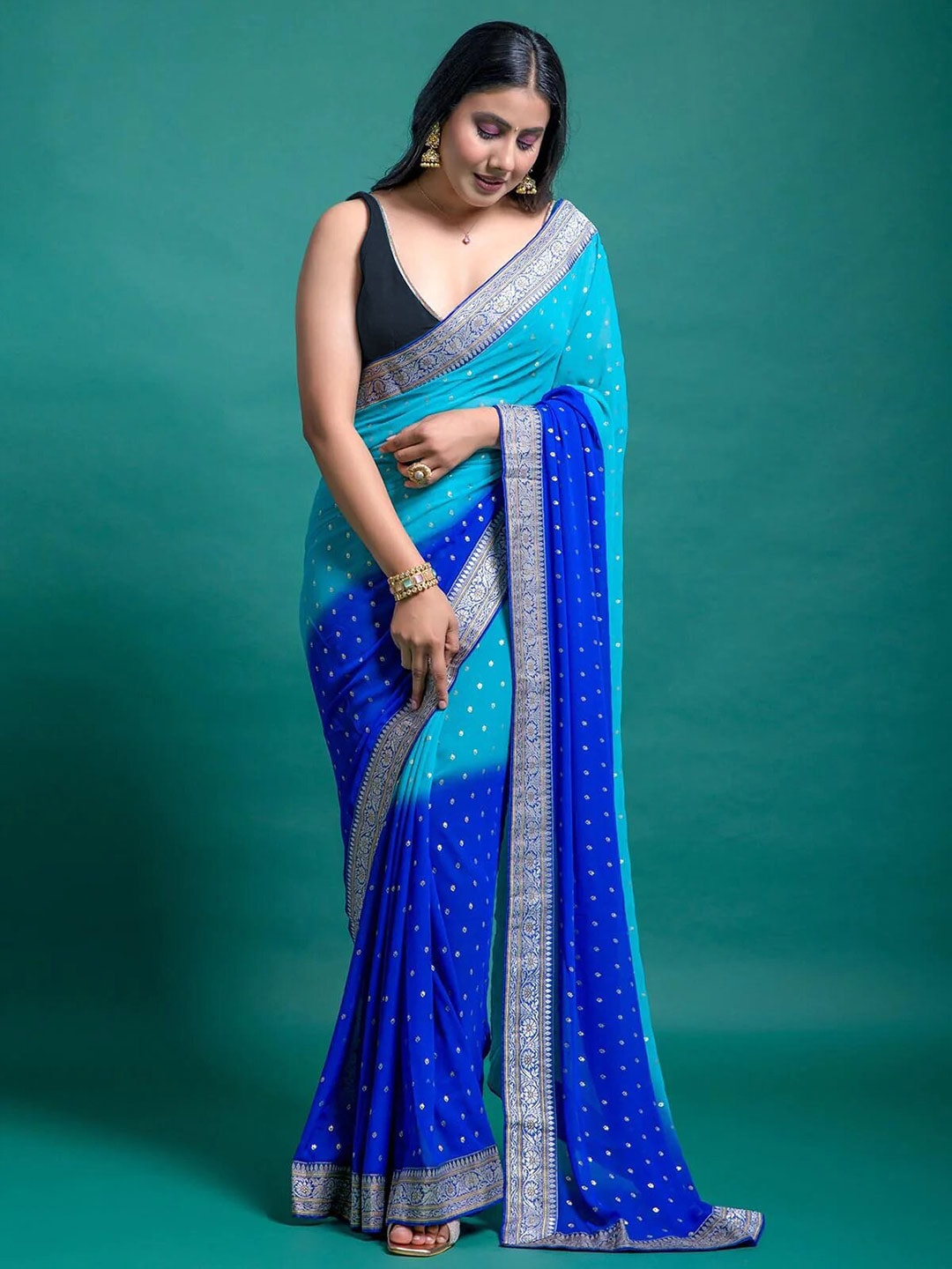 Mitera Blue & Gold-Toned Ethnic Motifs Pure Georgette Half and Half Block Print Saree - Distacart