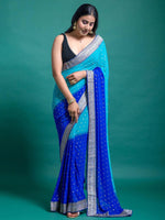 Thumbnail for Mitera Blue & Gold-Toned Ethnic Motifs Pure Georgette Half and Half Block Print Saree - Distacart
