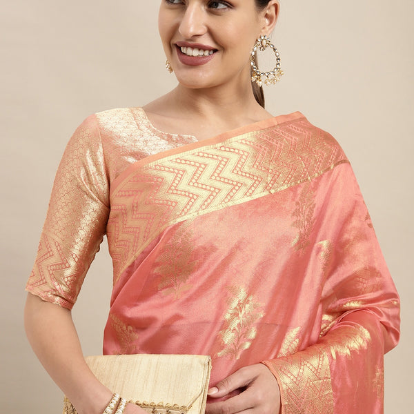 Mitera Pink & Gold-Toned Ethnic Motifs Zari Organza Kanjeevaram Saree - Distacart