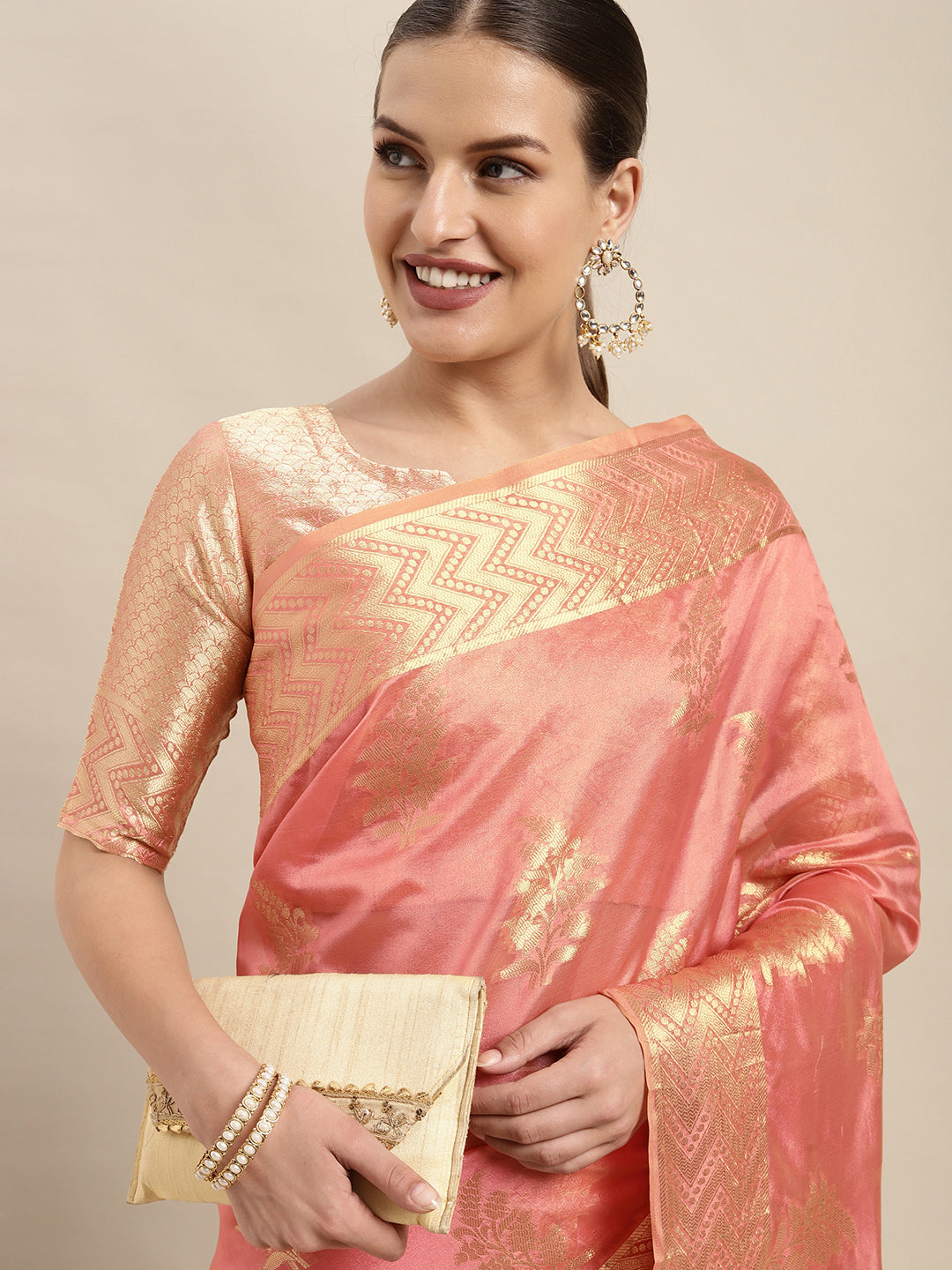 Mitera Pink & Gold-Toned Ethnic Motifs Zari Organza Kanjeevaram Saree - Distacart
