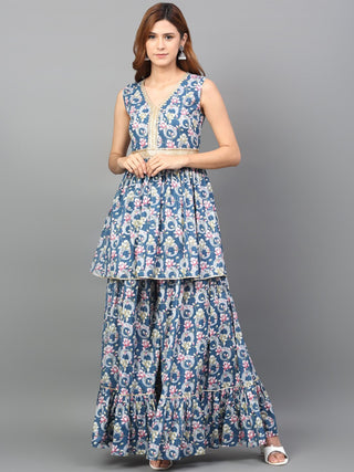 Kalini Floral Printed Empire Pure Cotton Kurta with Sharara - Distacart