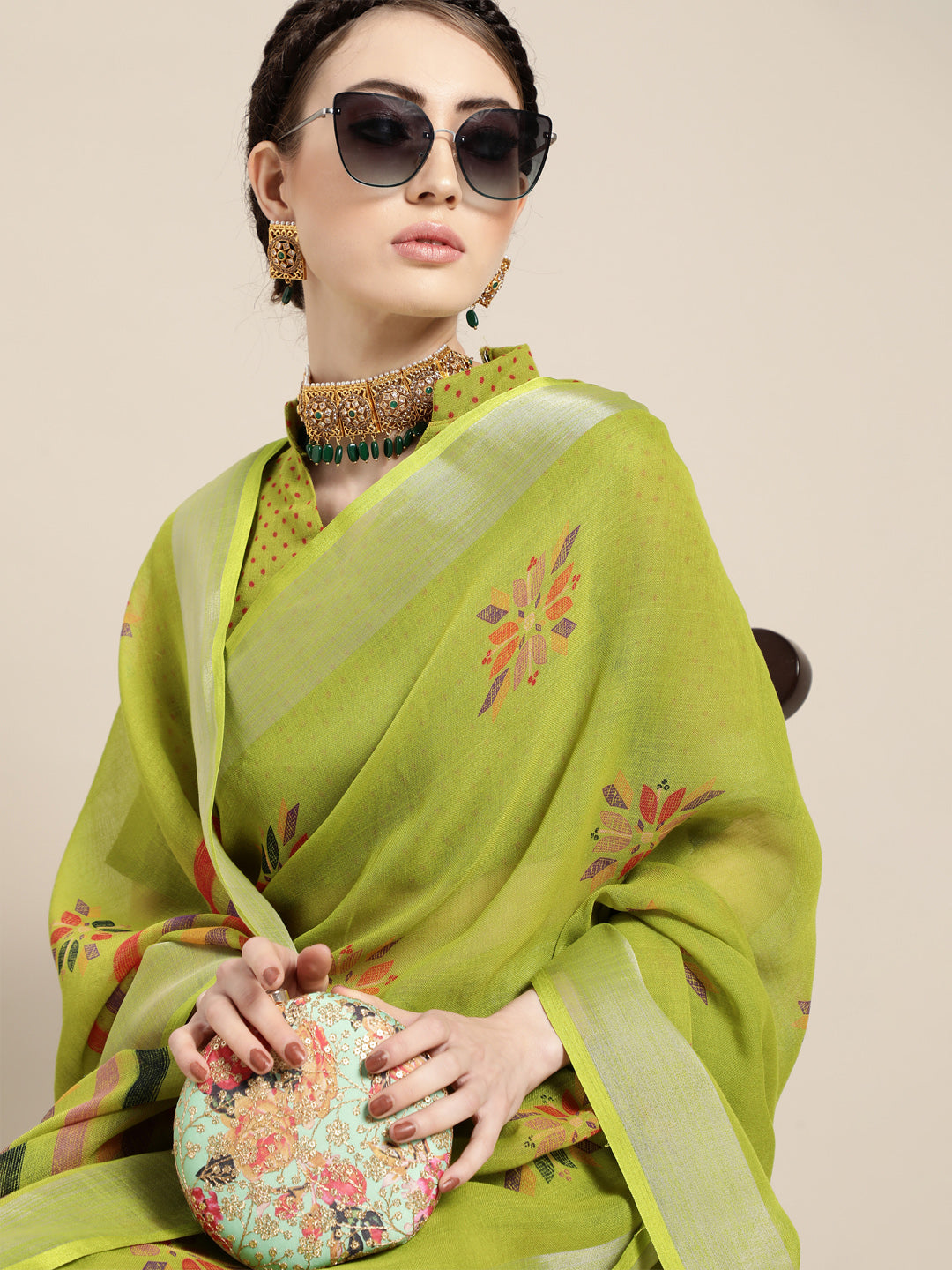 Saree Mall Saree Mall Elegant Green and Orange Linen Blend Saree - Distacart