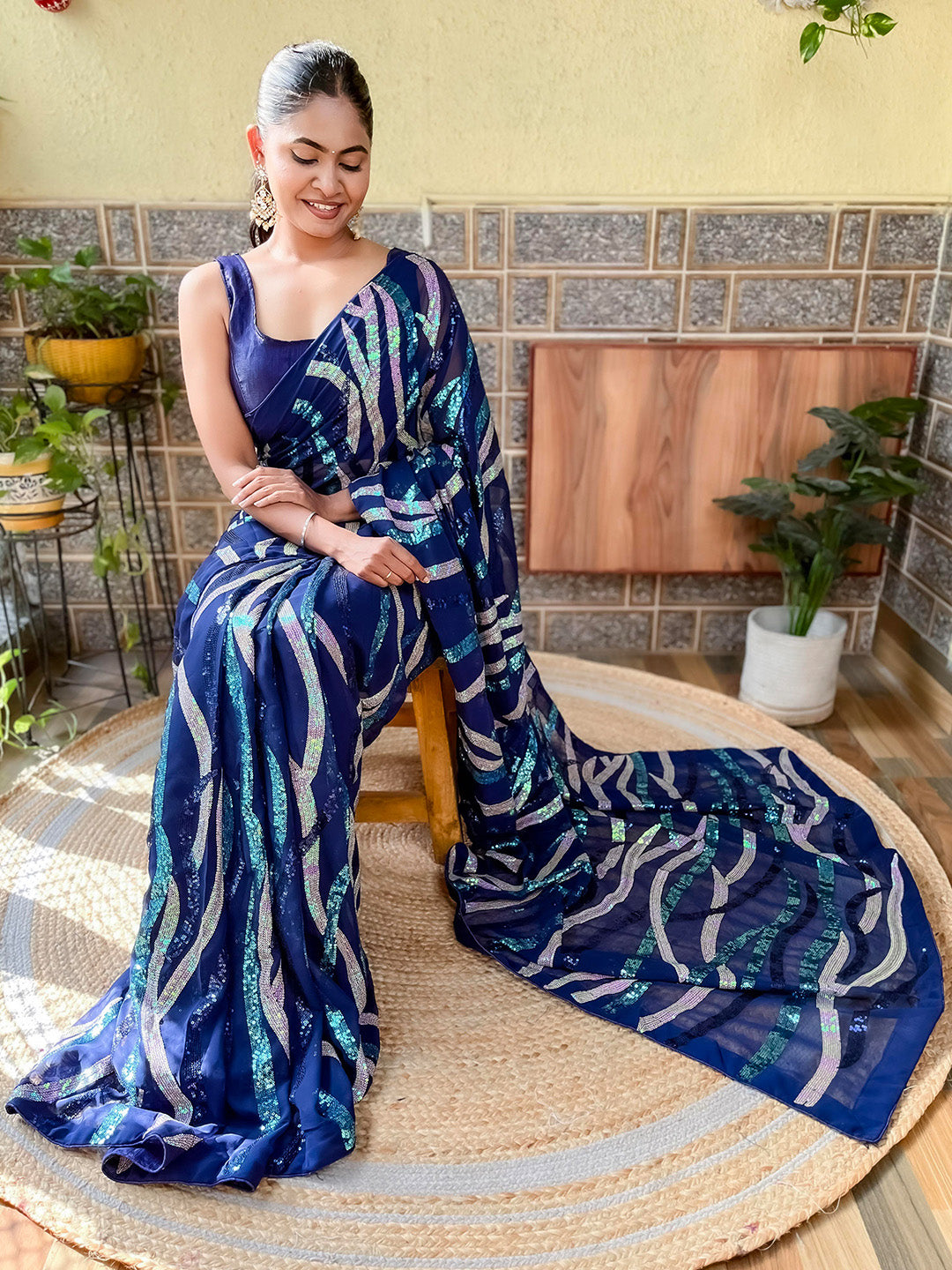 Mitera Navy Blue Sequin Embellished Saree - Distacart