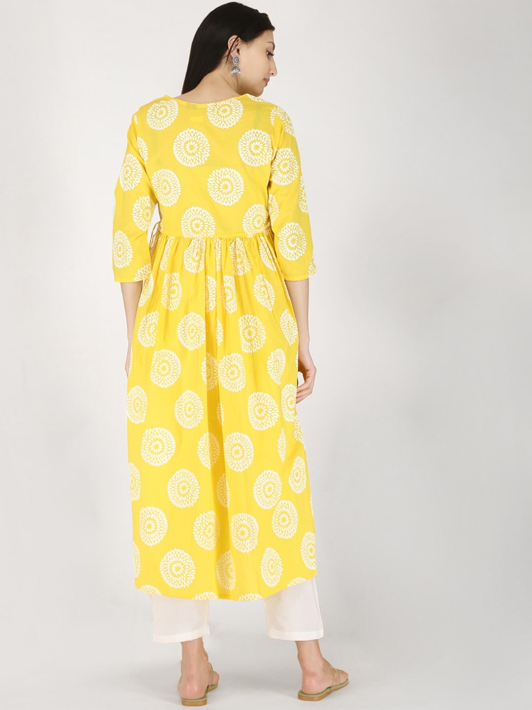 Kalini Women Yellow & White Ethnic Motifs Printed Floral Anarkali Pure Cotton Kurta - Distacart