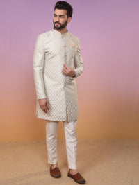 Thumbnail for KISAH Ethnic Motifs Woven Design Mandarin Collar Sherwani Set - Distacart