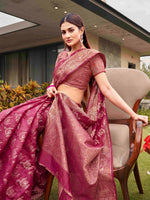 Thumbnail for Tikhi Imli Pink Ethnic Motifs Woven Design Zari Saree - Distacart