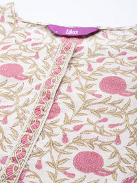 Thumbnail for Libas Pink & Lime Green Floral Print Cotton Kurta Afgan Salwar Dupatta - Distacart
