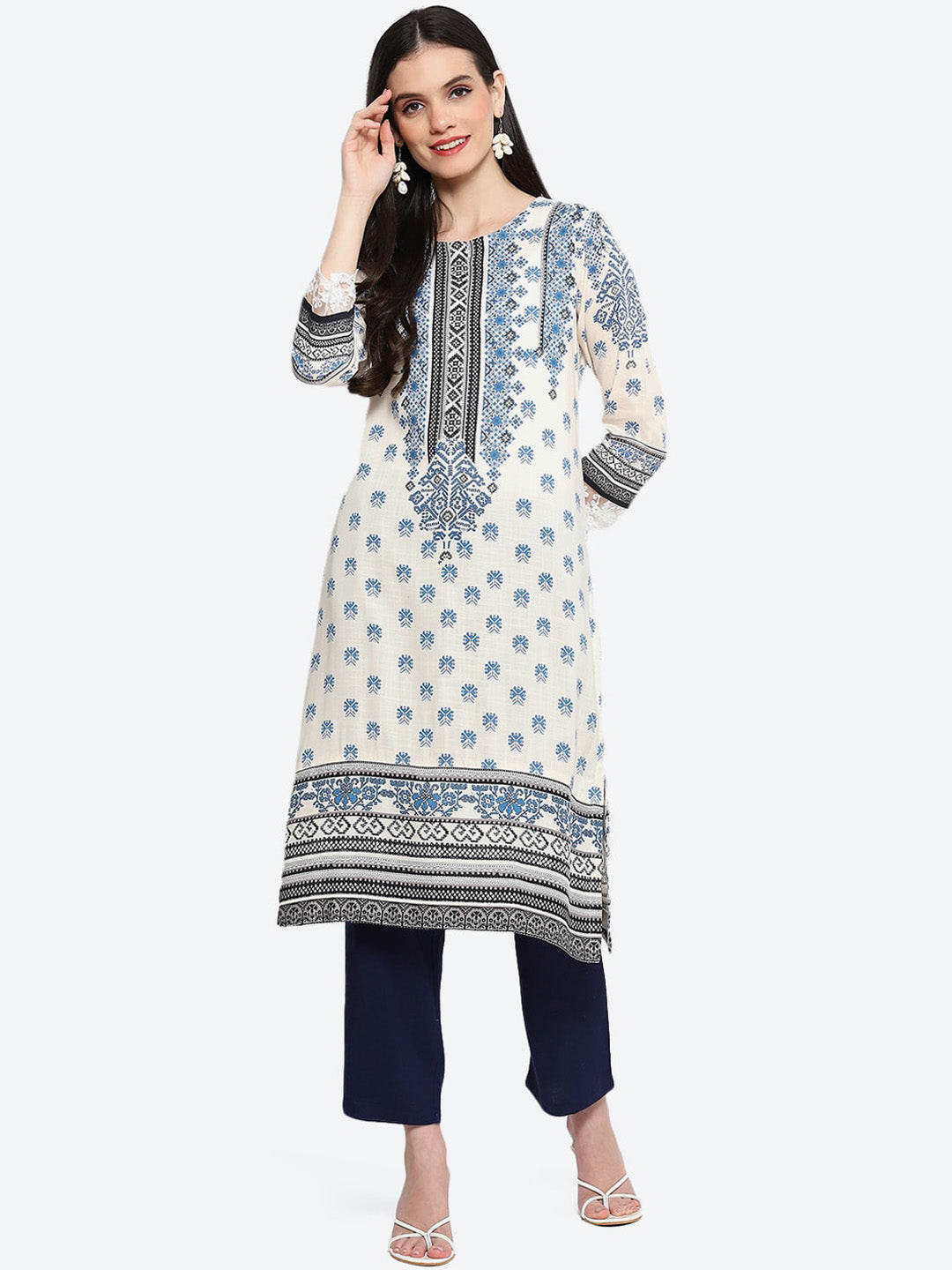 Biba Ethnic Motifs Printed Thread Work Kurta - Distacart