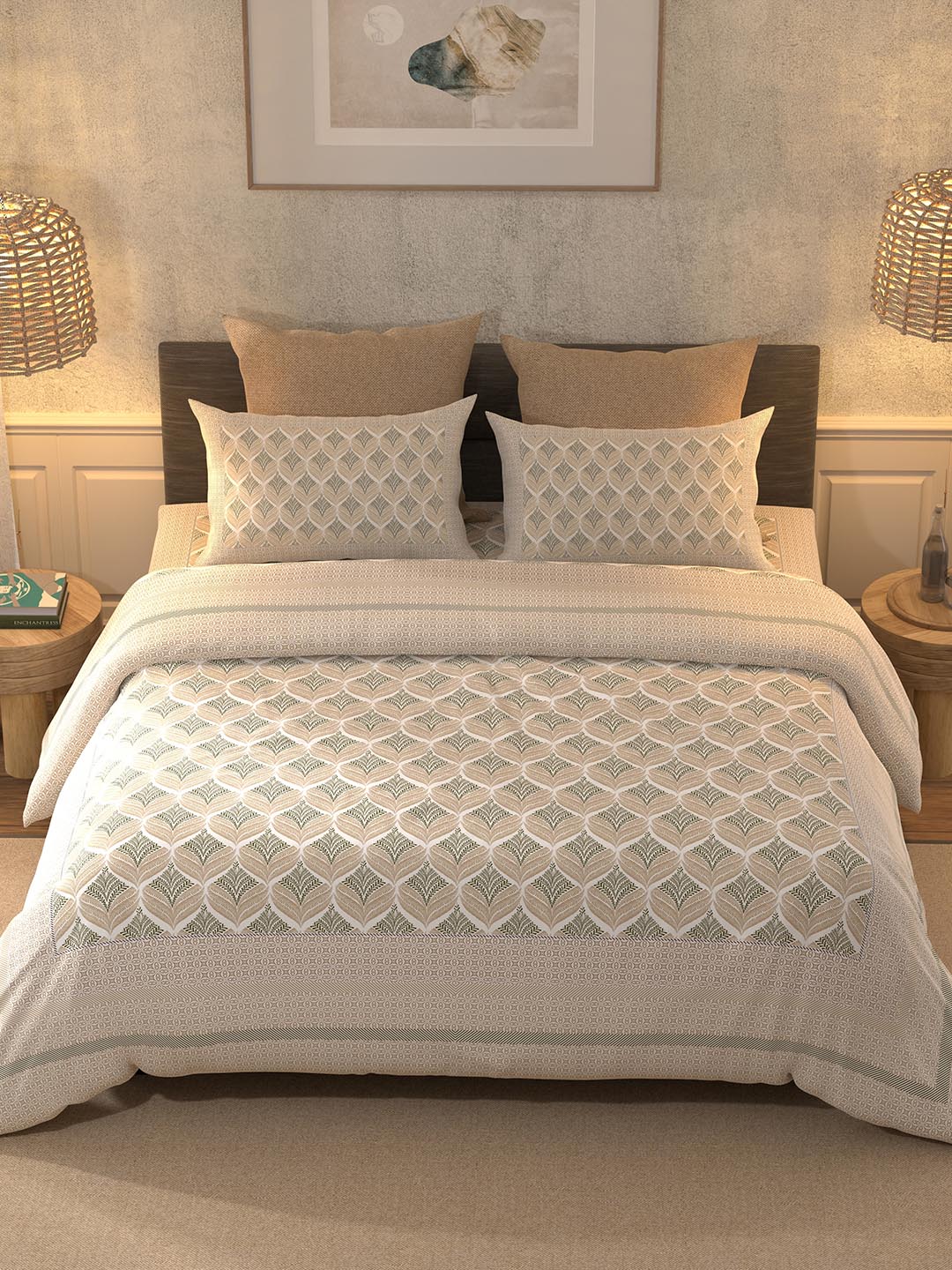 BELLA CASA Beige & Off White Ethnic Motifs 350 TC King Bedsheet with 2 Pillow Covers - Distacart