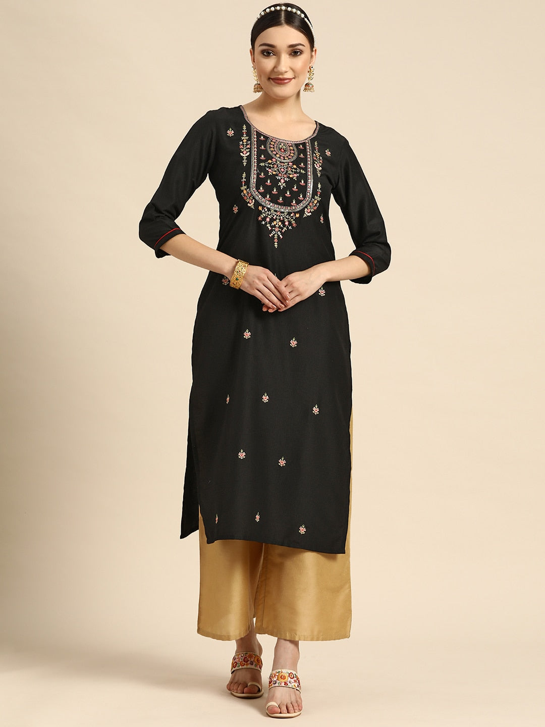 Sangria Women Black Ethnic Motifs Embroidered Floral Kurta - Distacart