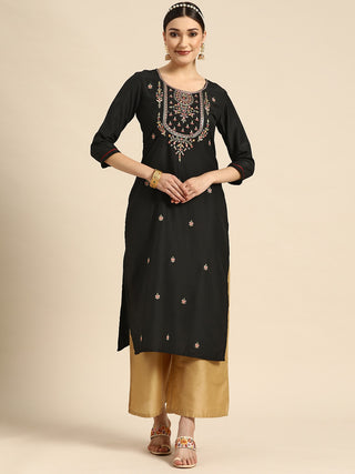 Sangria Women Black Ethnic Motifs Embroidered Floral Kurta - Distacart