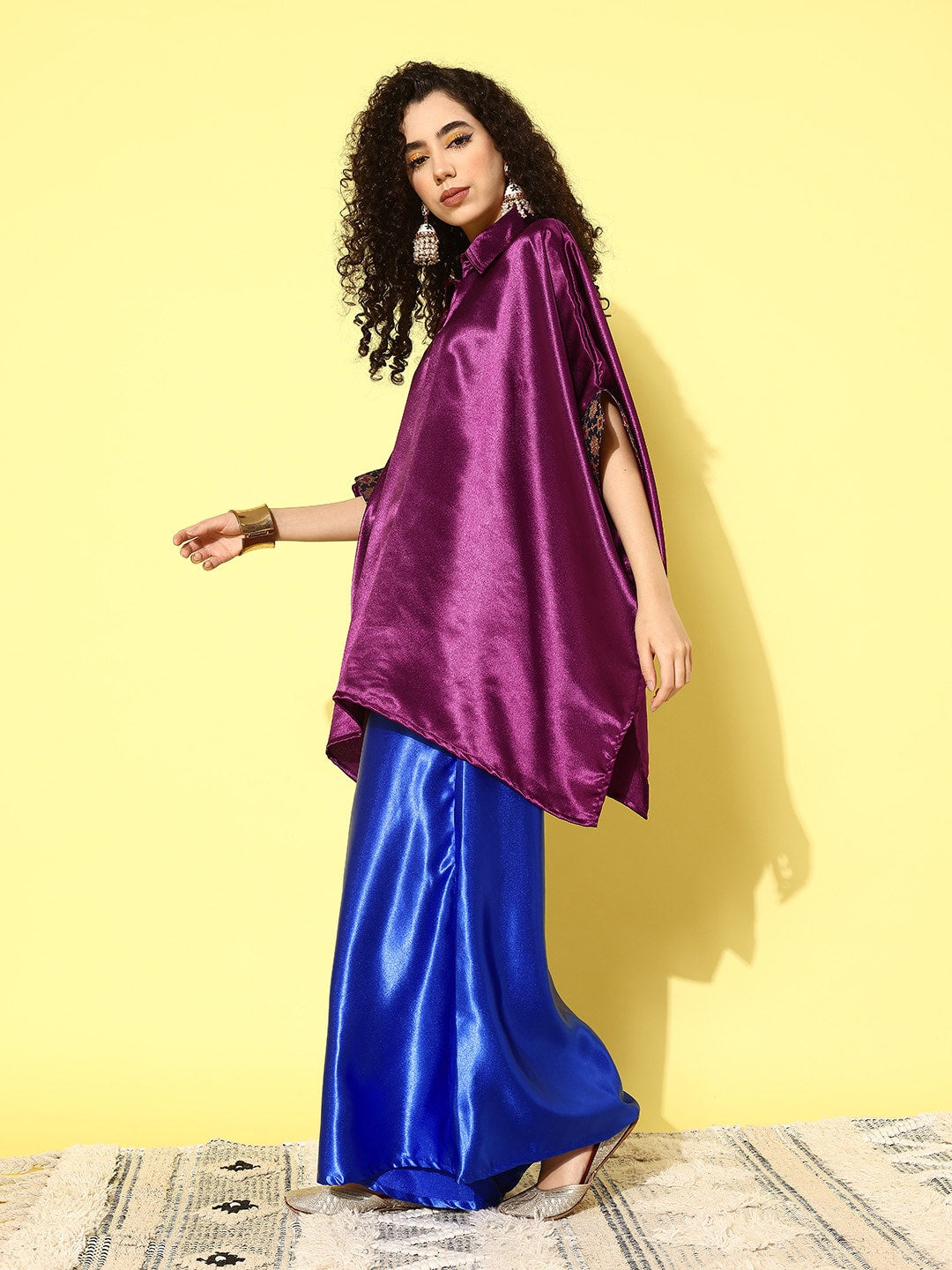 InWeave Women's Wine Navy Brocade Satin Boho Blue Palazzo Set - Distacart